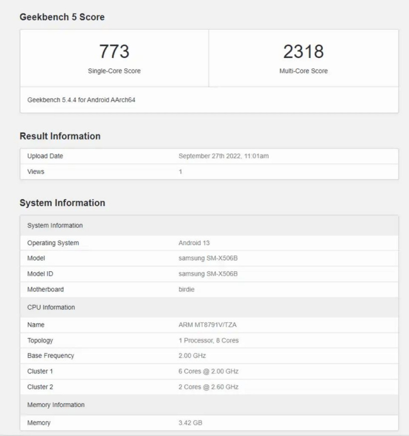 三星 Galaxy Tab S8 FE 平板现身 Geekbench 网站，搭载联发科迅鲲 900T 芯片